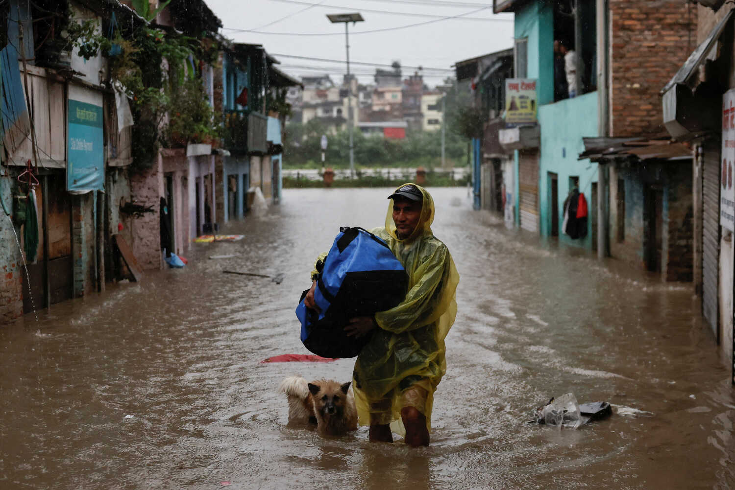 A man and a dog stand in knee-high water that has flooded a street between buildings.